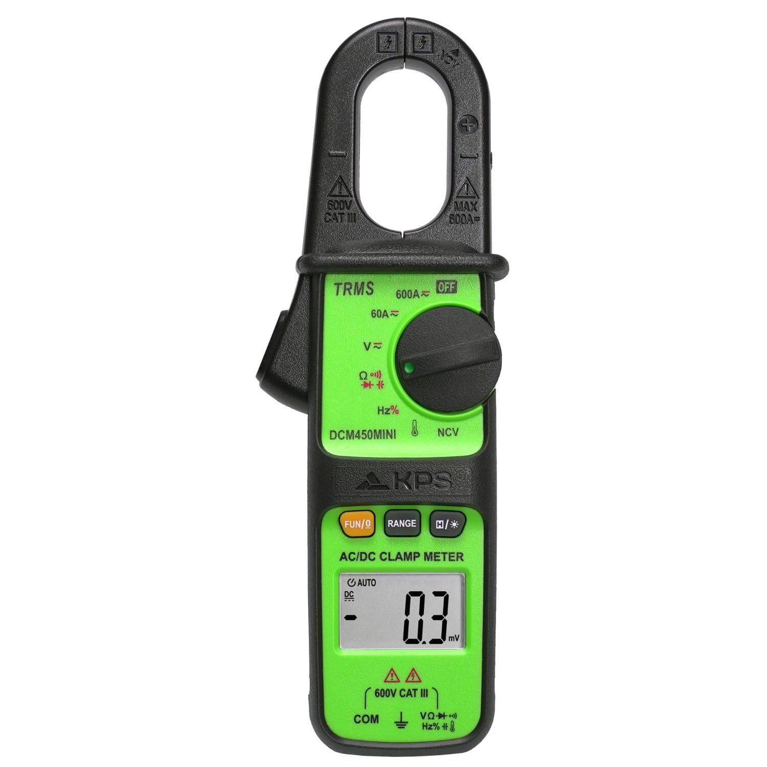 KPS-DCM450MINI Pinza Amperimétrica TRMS 600A AC/DC y 600V con Temperatura, NCV, Resistencia, Capacidad, Frecuencia, Pantalla Retroiluminada y Linterna CAT III 600V