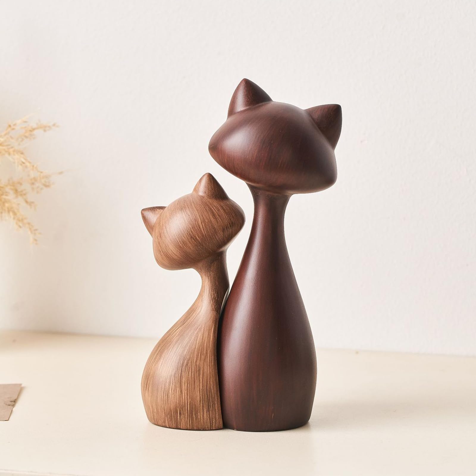Artystyczna drewniana rzeźba kota,minimalistyczna abstrakcyjna figurka pary | Nowoczesna dekoracja na biurko w domu, kreatywna estetyczna ozdoba szafki TV w przedpokoju (15 x 7 x 24 cm)