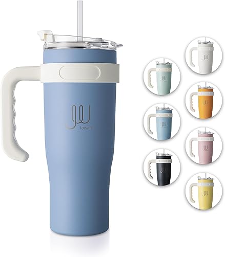 Vaso de 40 onzas con asa y popote, vaso de acero inoxidable a prueba de fugas, taza de viaje aislada al vacío para bebidas calientes y frías, azul