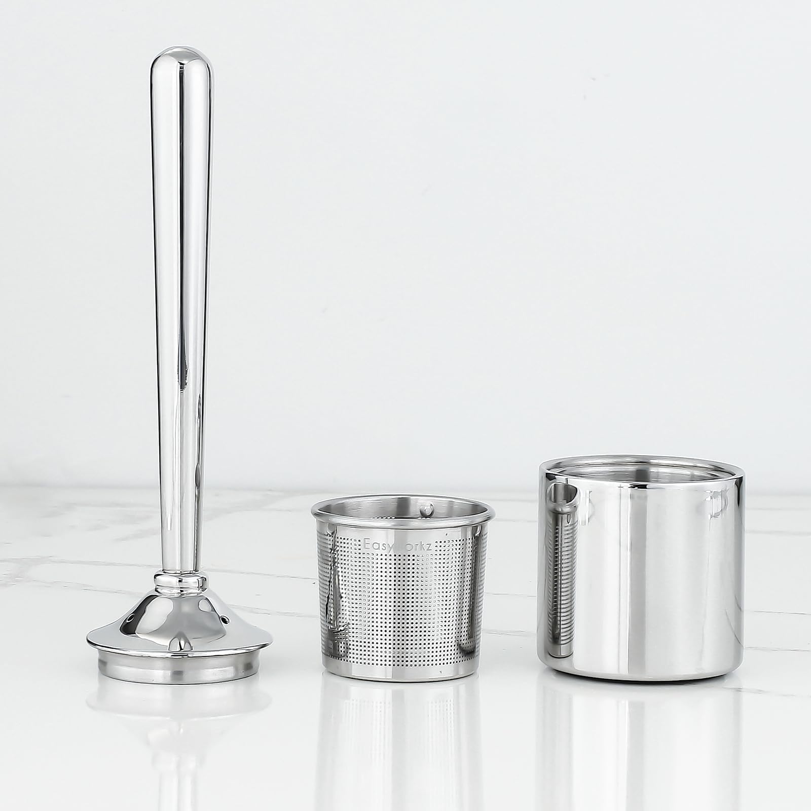 Easyworkz Infusore per tè in acciaio inox con manico cavo resistente al calore, colino a rete fine con supporto per foglie sciolte, finitura cromata