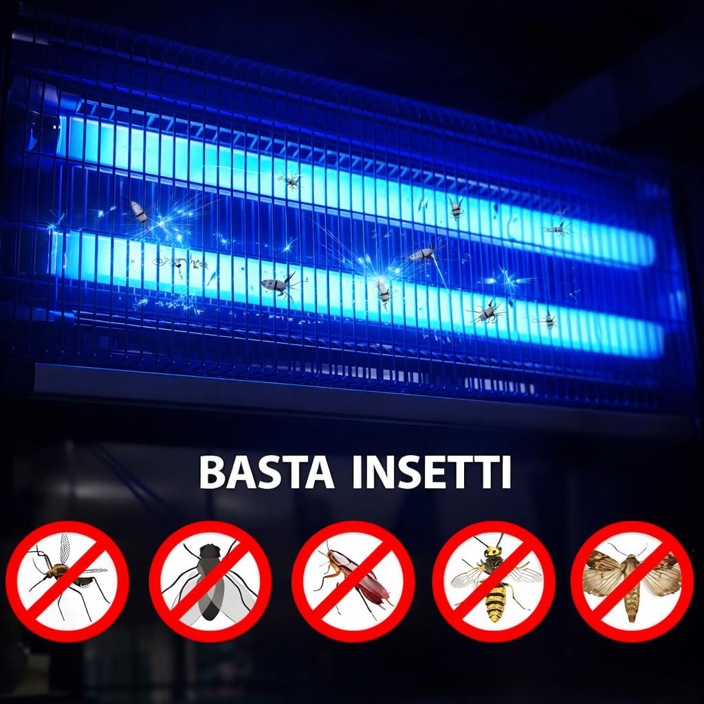 Lampada Antizanzare Elettrica 40W LED UV – Ammazza Zanzare e Antimosche con Griglia Elettrica e Vassoio Estraibile, Struttura in Alluminio con Catena per Soffitto, per Casa, Terrazza e Giardino