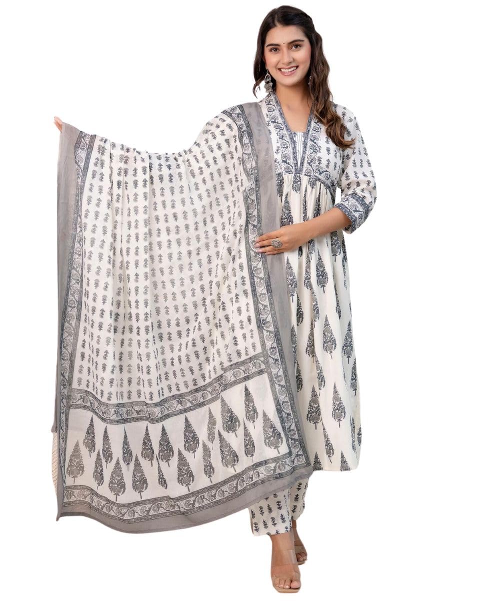 Leriya Fashion Womens Grey Floral Printed Anarkali Kurta Set With Pant & Dupatta