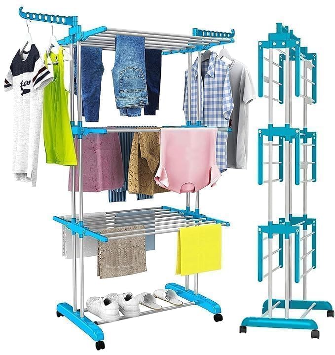 Image of Foldable Multi Layer Clothes Drying Stand with Wheels - Adjustable Stainless Steel Laundry Dryer Rack with Hanger Hooks for Indoor & Outdoor Use
