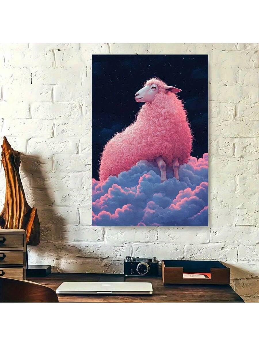 lianyibo Lienzo decorativo para pared con diseño de oveja rosa sobre nubes, fantasía caprichosa, cielo estrellado, para habitación infantil (60 x 80 cm, sin marco)