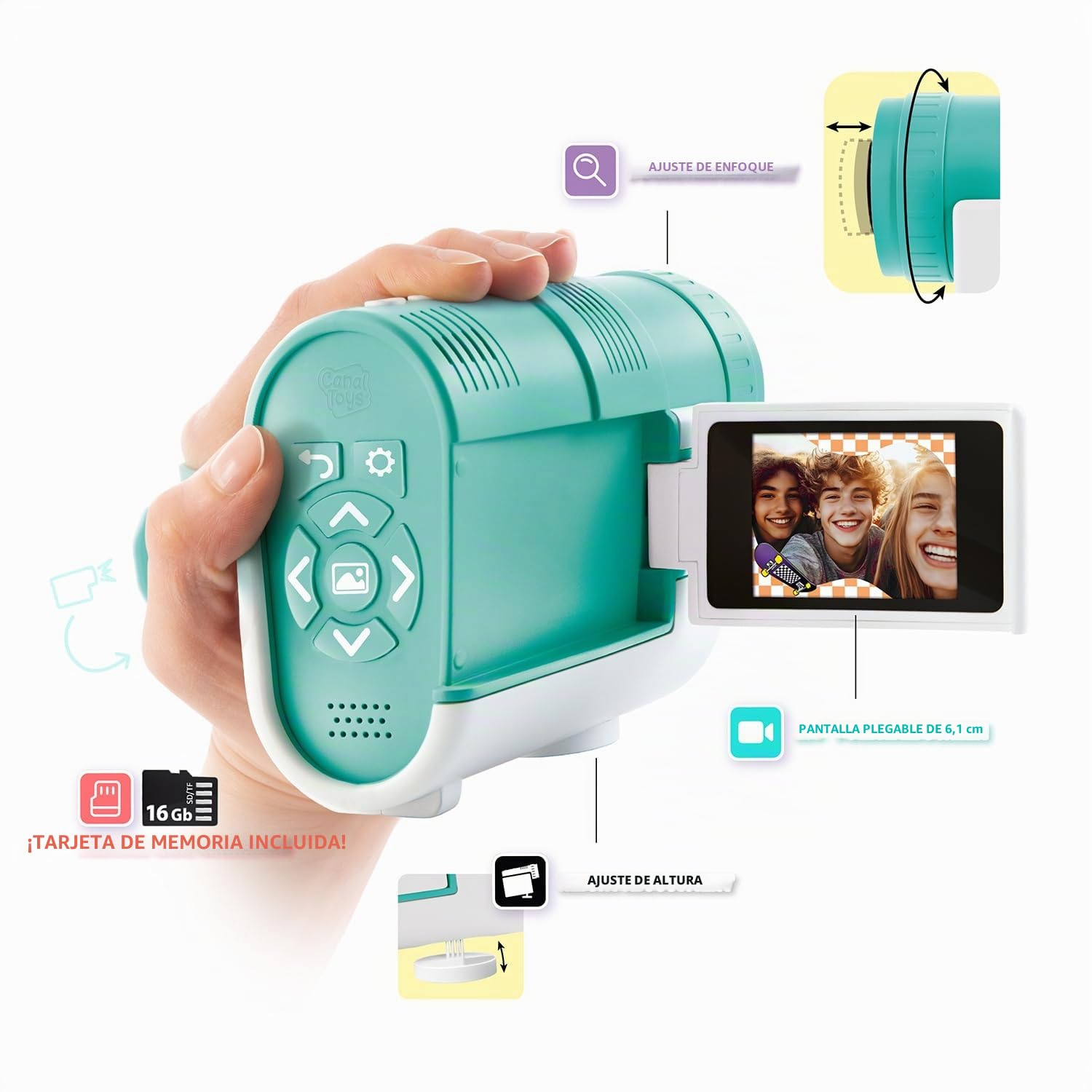 Canal Toys - Creator - Video Cámara Proyector Conectado al Móvil | Video Cámara Conectada, Proyecta la Pantalla de tu Móvil o Dispositivo Conectado, Pantalla Plegable, Pegatinas, Cable USB