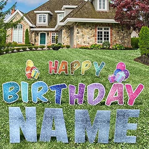 VictoryStore rainbow Sparkle Birthday Yard Decorations Happy Birthday Yard Letters, 17pcs, 19432 Includes Stakes (Happy Birthday With Custom Name) Cover