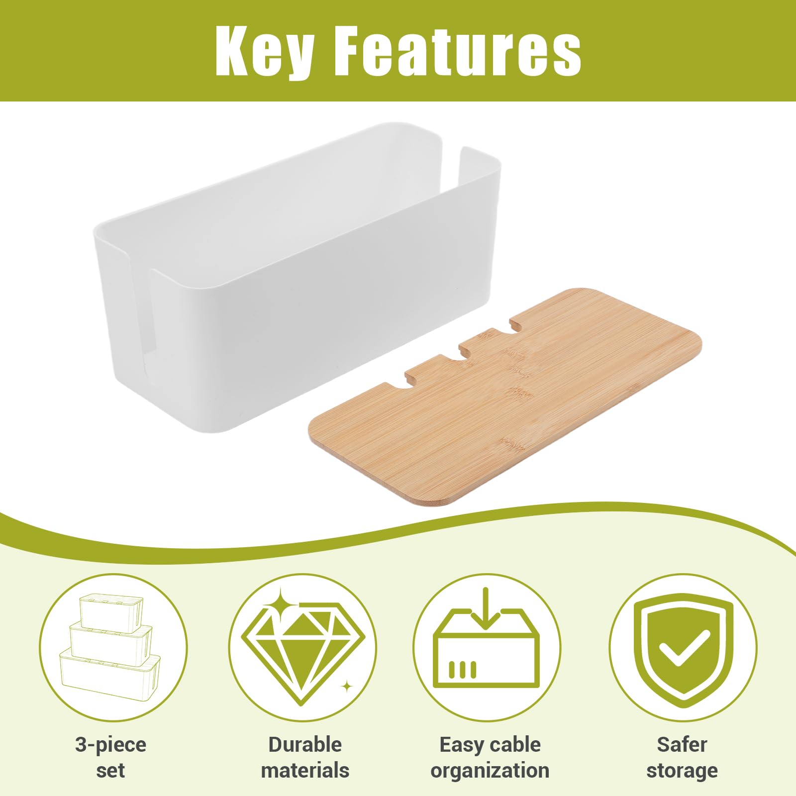 Set da 3 Scatola Porta Cavi, Scatola Nascondi Cavi Organizer per Multipresa, per Scrivania, Prese Elettriche, Casa e Ufficio, Coperchio in Bambù e Design Perforato