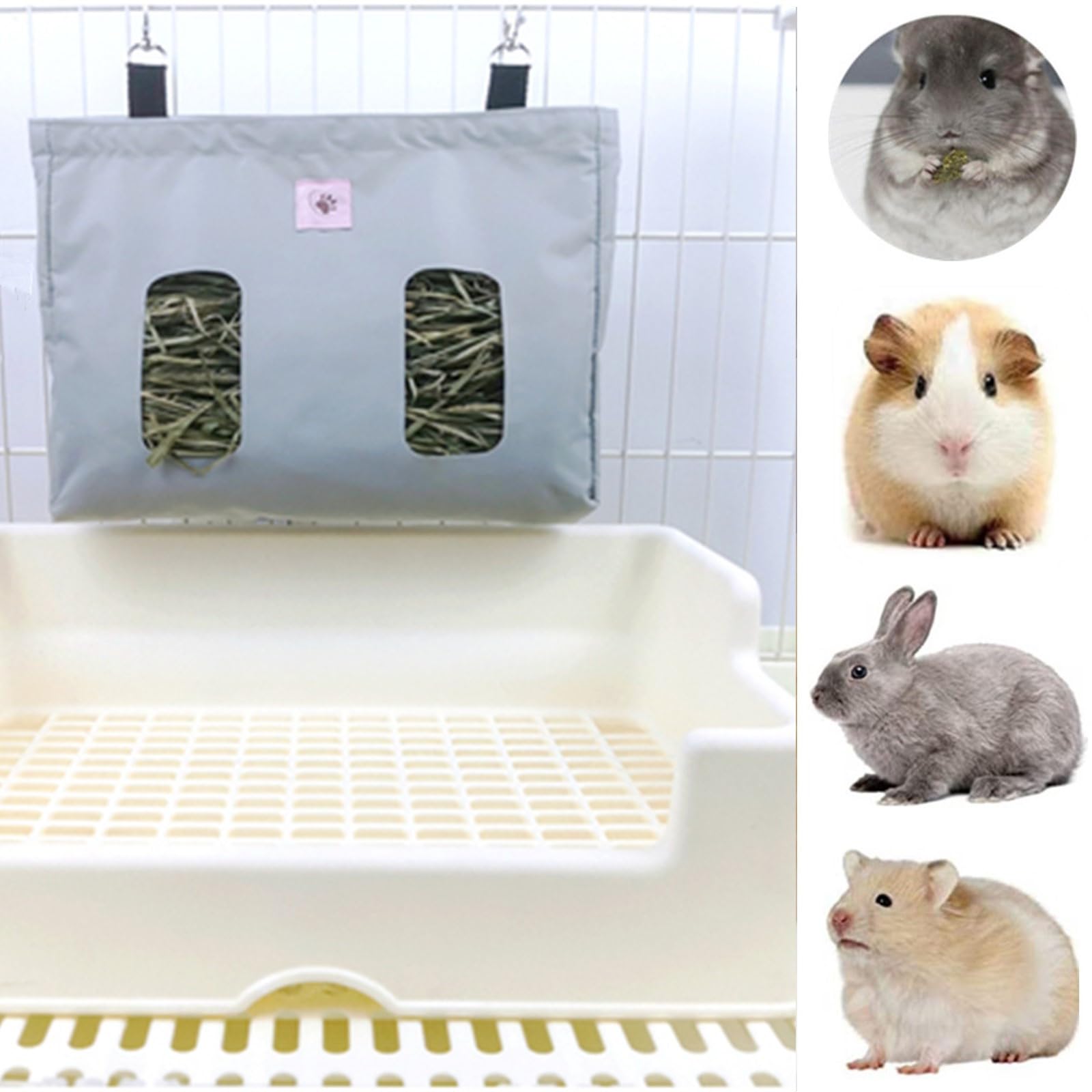 Sac à Foin, Sac pour mangeoire à Foin de Lapin, mangeoire pour Cavies, Sac à Foin pour Animaux de Compagnie, pour Lapin/Cavies/Hamsters/Chinchillas Essentiels Animaux domestiques(2 Ouvertures) (Gris)