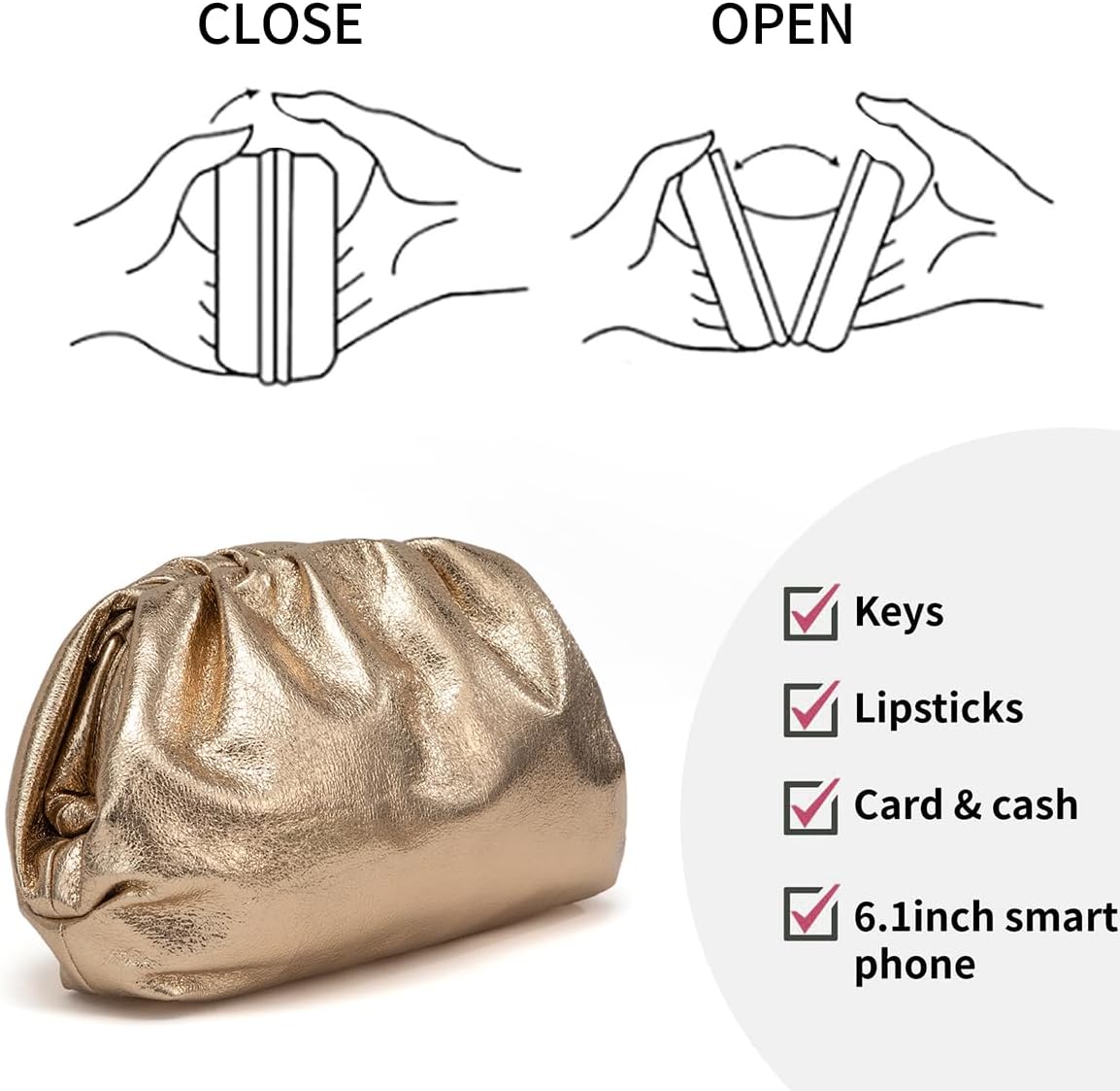 PHILOMENA Dressy Vegan Leather Clutch Purse for Women, Soft Pleated PU Evening Bag Dumpling Pouch for Weddings Proms - Image 6