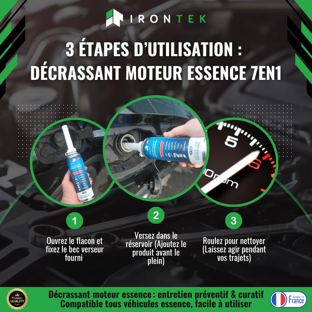 Décrassant Moteur Essence 7en1 375ml - IRONTEK | IT406 | Sans Démontage | Catalyseur Turbo EGR Injecteurs | Traitement Complet Premium