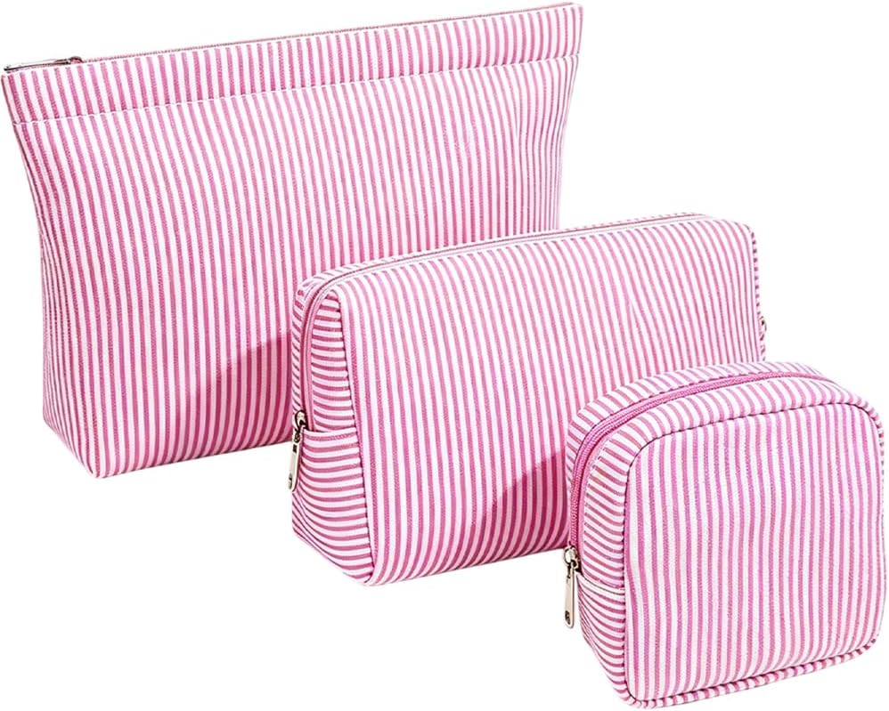 3 Pcs Makeup Bag Set, Cute Stripe Cosmetic Pouch for Women Girls Large Travel Toiletry Bag with Zipper Small Makeup Purse Mini Aesthetic Accessories Storage Organizer Bag with compartments,Pink Set