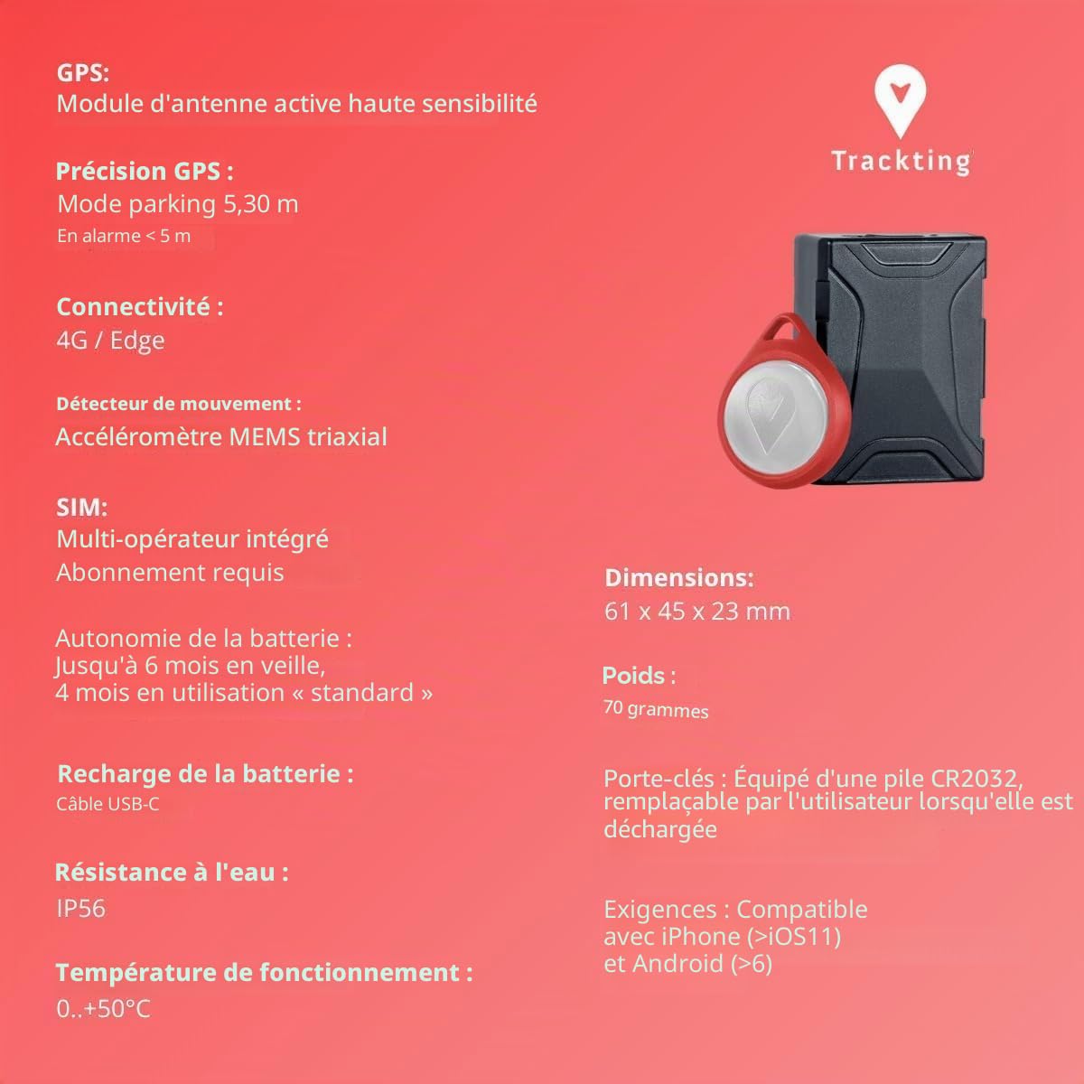 Trackting One – Dispositif GPS Antivol pour Voitures & Motos | Traceur GPS pour Voiture, Moto, Véhicules | Carte SIM Intégrée (4G/2G) – Abonnement Requis, Sans Câblage, Longue Autonomie