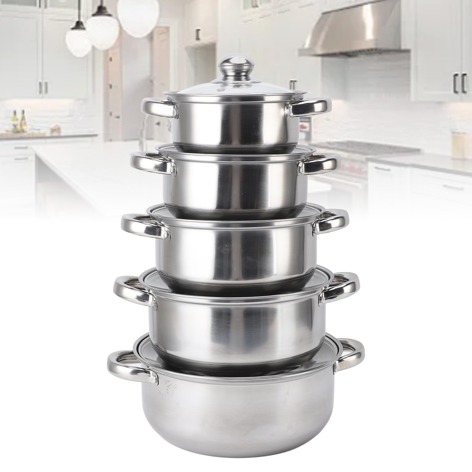 Aramox 5PCS Stalowe Garnki ze Stali Nierdzewnej Pot Stofot Zupa ze szklaną pokrywką Układanie Kuchennych naczyń do Gotowania Odpowiednich do Różnych wymagań Gotowania