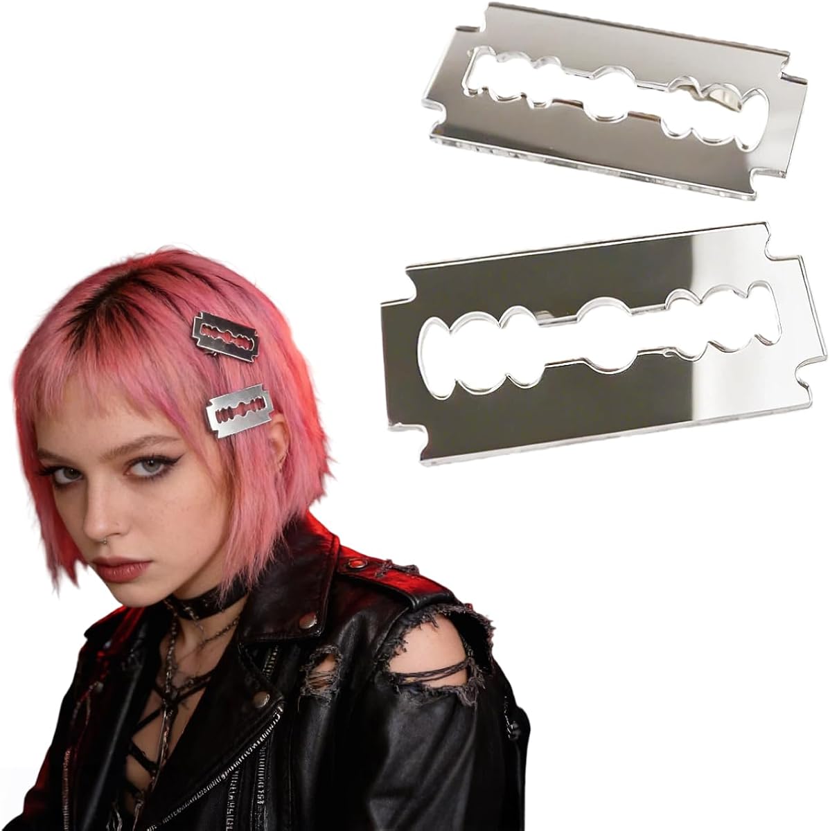 2 pinzas para el pelo punk con hoja de afeitar para mujer, clips laterales Y2k, pasadores caprichosos, accesorios de peinado Harajuku Twee para Halloween/Cosplay/fiesta temática