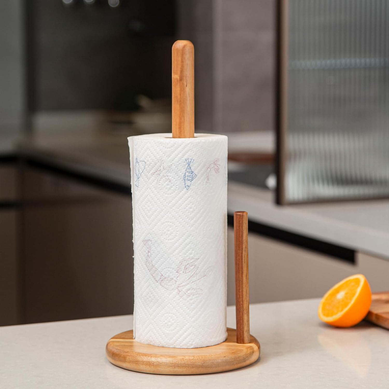 14" Acacia Wooden Paper Towel Holder, 6.7" Large Heavy Base Wooden Kitchen Towel Roll Stand Organizer Free Standing, Rustic Farmhouse Paper Towel Holder Stand, Standing Paper Towel Roll Holders Wood