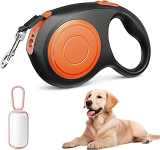 8m Hundeleine Einziehbar - 150 kg Zugkraft Einziehbare Hundeleine mit LED Licht - Hundeleine 8m für Große Hunde inkl. Kotbeutelhalter - Robuste Rollleine für Hunde Mittelgroße und Große, Orange