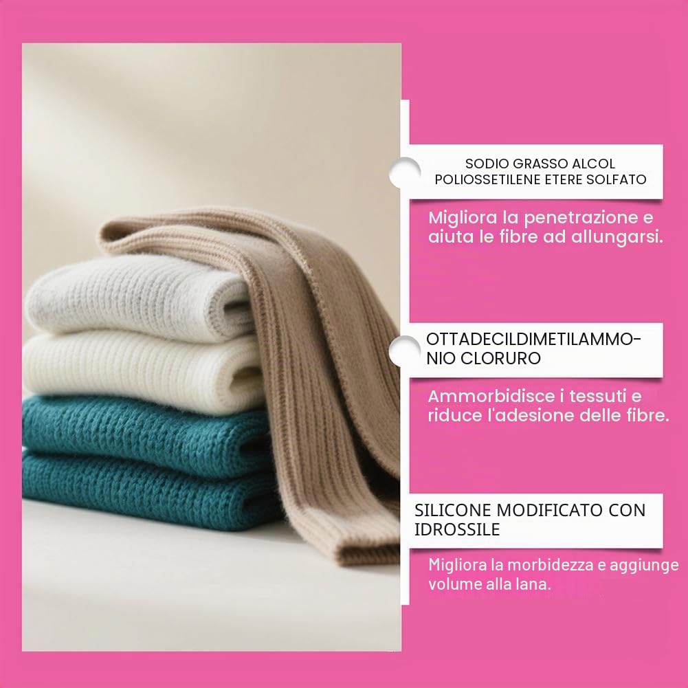 Soluzione riparatrice restringente per maglioni di lana 100 ml, ripristina tessuti lana e cashmere, trattamento nutriente