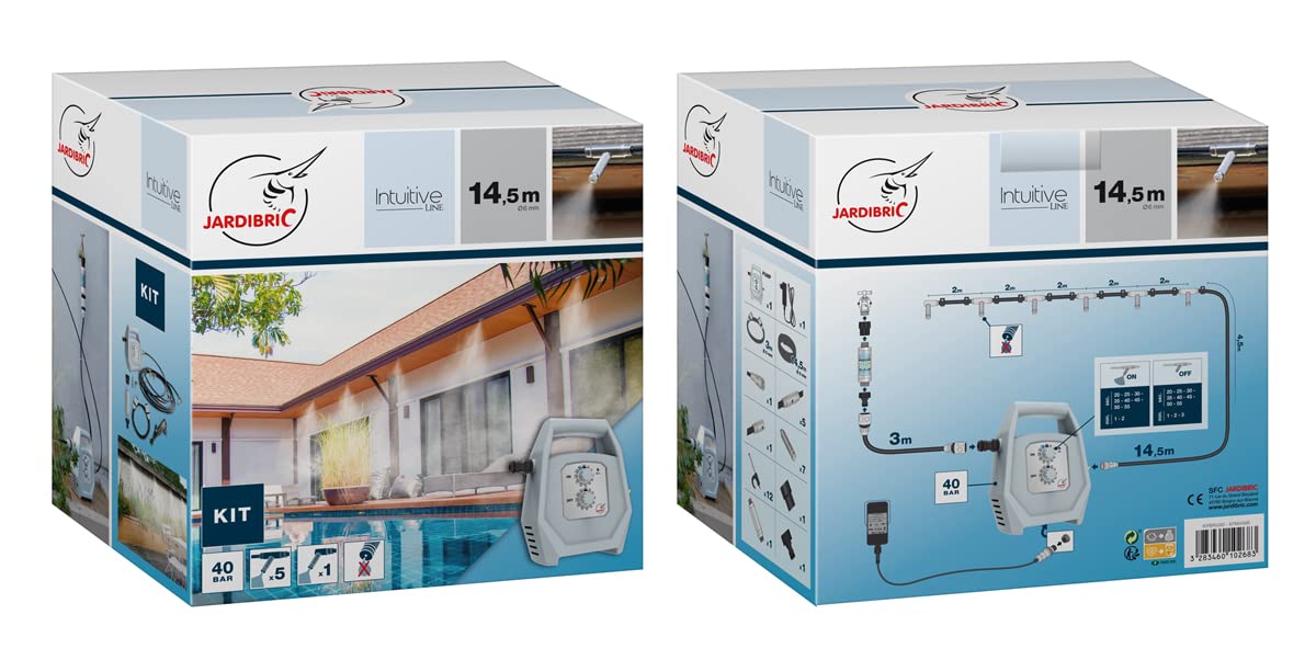 Jardibric – Kit de nebulización KPBRU20 – Brumizador – Bomba programable hasta 40 bares, 14,5 m, 7 boquillas antigoteo y filtro antical incluido – Refrescar eficazmente el aire