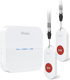 AIDA Wireless Caregiver Pager, 2 SOS Call Buttons/1 Plug-in Receiver, 600 feet Range, 58 Chimes, 5 Levels and up to 110dB Volume, for Home Pager Nurse Call Seniors Elderly Patients Children Emergency