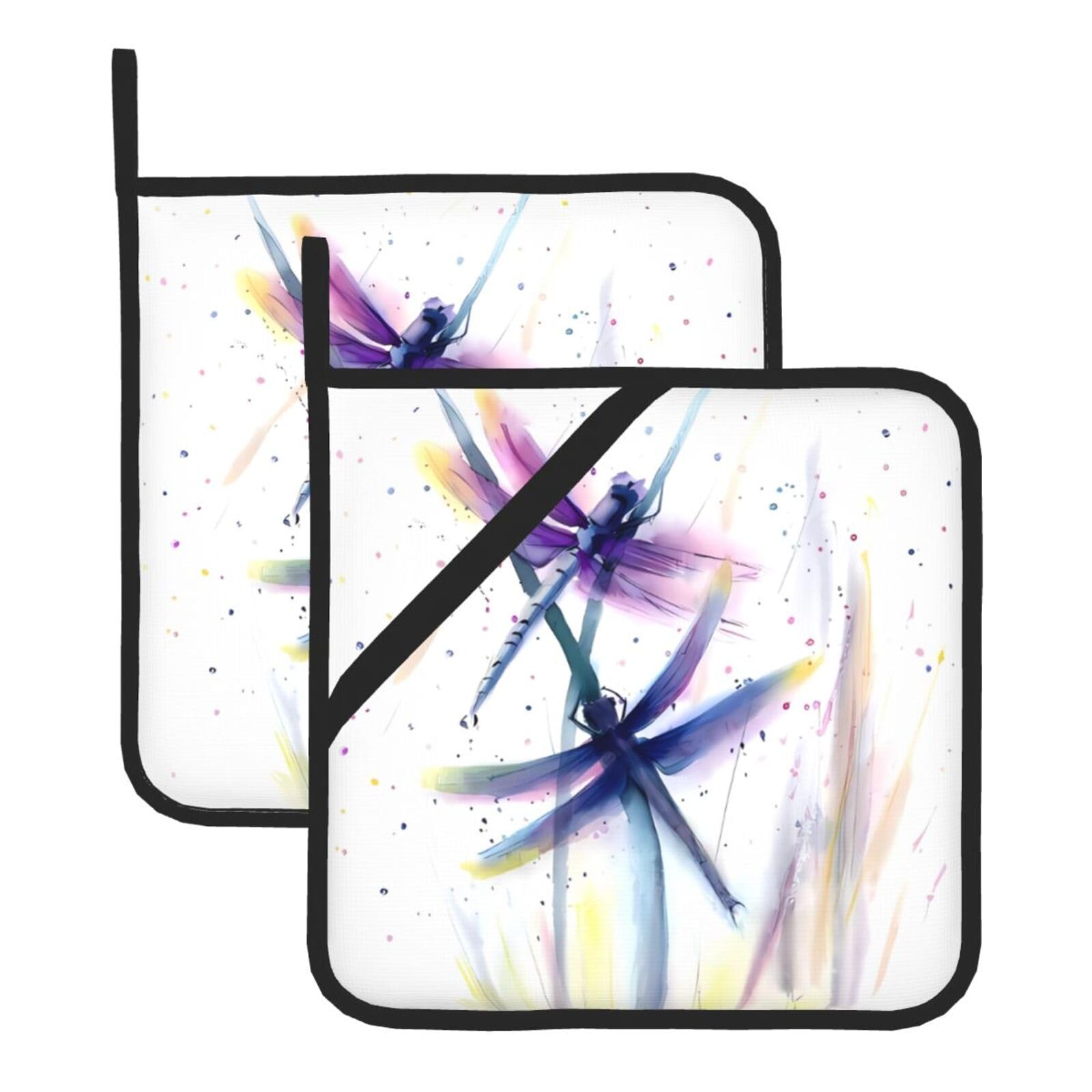 WHJDPP colorful dragonfly Prints Square Hot Pads for Kitchen Counter - Waterproof Pot Holders Set of 2, Heat Resistant Trivets with Pocket & Hanging Loop for Serving, Oven & BBQ