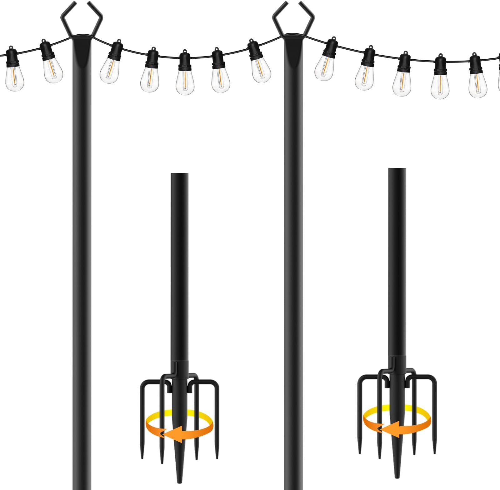 2 Pack 10 ft Heavy Duty Metal String Light Poles Adjustable Outdoor Lighting Stand for Patio,Backyard,Garden,Party & Wedding Rustproof & Sturdy with Hooks
