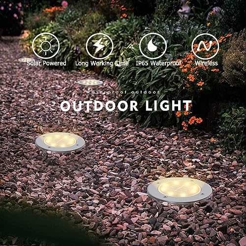 LITVERSE Solar Ground Lights, Solar Disk Lights (8 LEDs /4 Pack) Outdoor Waterproof Solar Garden Lights for Pathway Outdoor in-Ground Lawn Yard Deck Patio Walkway - Warm White
