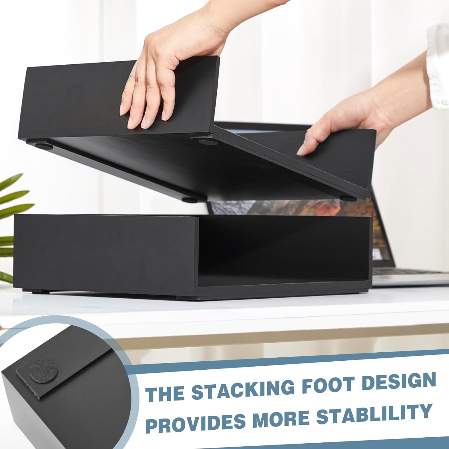 Yeaqee 2 Pcs Wooden Leather Stackable Letter Trays 13 x 10.6inch Luxurious Surface Desk Letter Tray Heavy Paper Inbox Mail Organizer for Office Document Magazine Folder Desktop Accessories(Black)