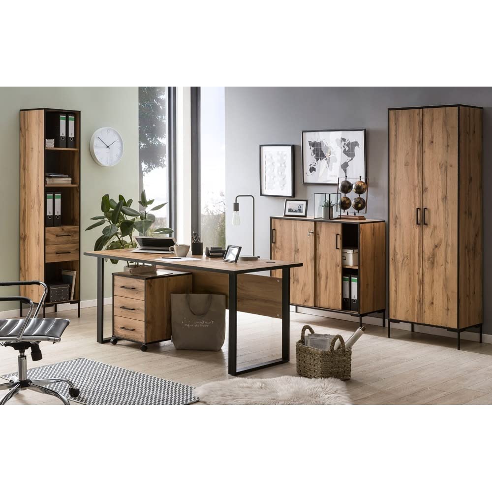 Lomadox Büroschrank abschließbar in Eiche Landhaus Nb. mit Schiebetüren, B/H/T: 100,1/96,6/41 cm
