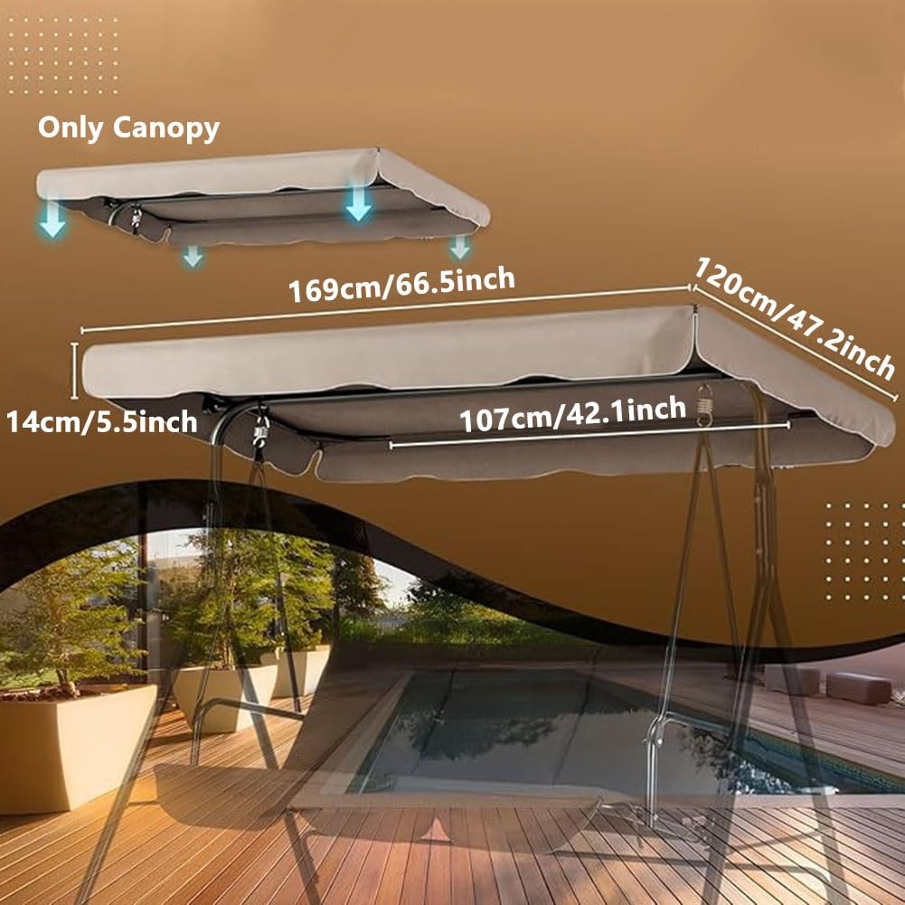 Toit de Rechange pour Balançoire Extérieur, 2 3 Places Couverture Supérieure pour Balancelle de Jardin en Polyester Imperméable 210D pour Patio(Khaki,169x120x14cm/66x47x5inch)