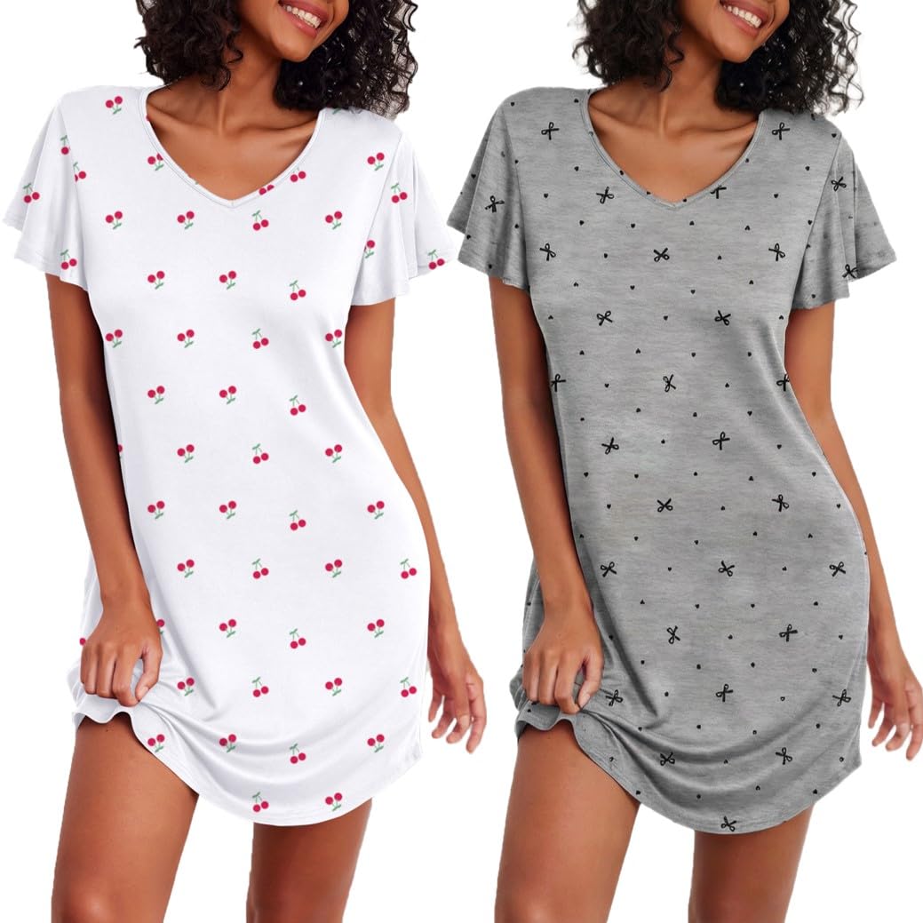 Ekouaer Damen Nachthemden Kurzarm Schlafshirt Zweiteiliger Sleepshirt Print Schlafhemd Nachtwäsche S-XXL