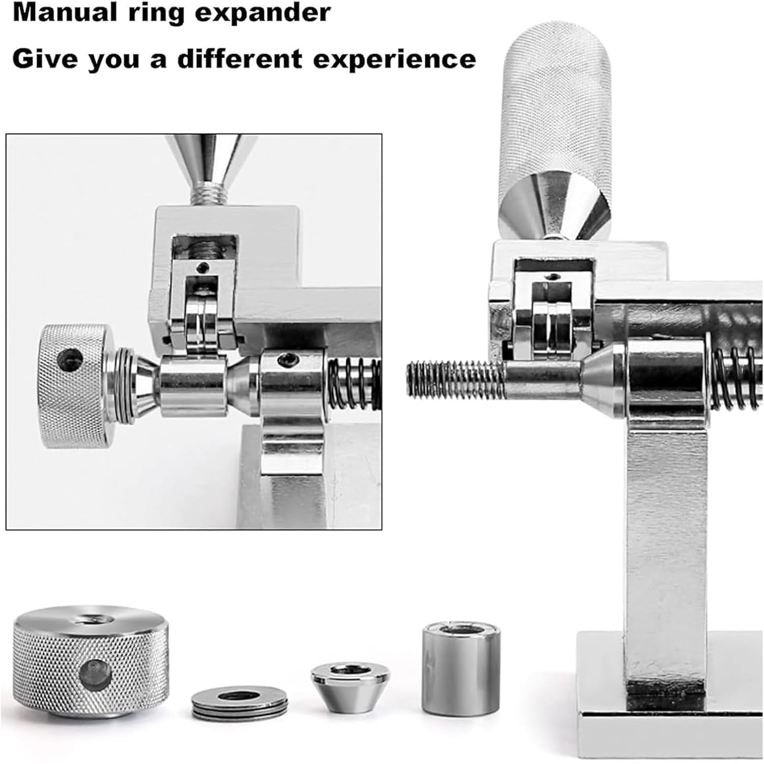 Eiwitany Herramienta reductora de anillos para ajustar el tamaño de las joyas, agrandador de bandas con 6 adaptadores, herramienta de hierro de precisión resistente al desgaste para artesanos.
