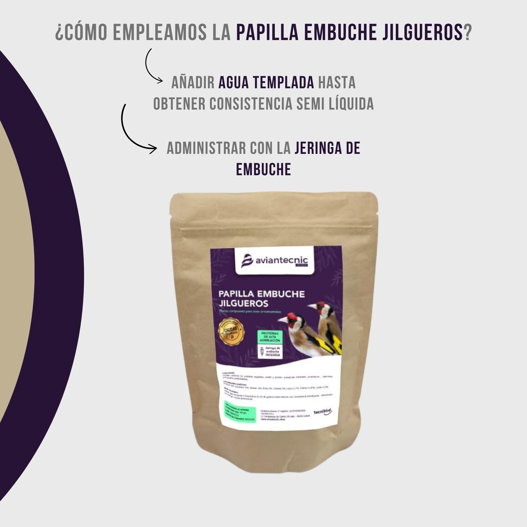 Aviantecnic Papilla Embuche Jilgueros | Alimento Complementario para Pájaros Ornamentales | 400 g con Jeringa de Embuche Incluida