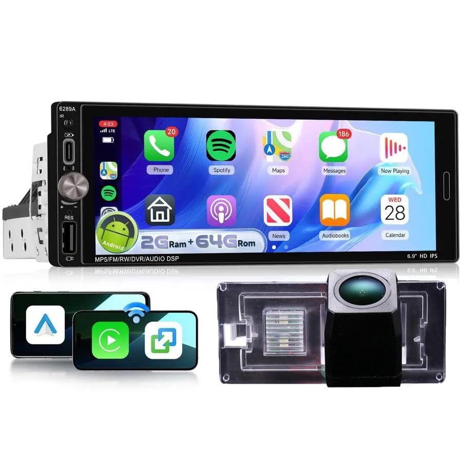 6,9 pollici Full HD Touch Screen Car Stereo: 1024 x 600 ad alta risoluzione. Il touchscreen IPS da 6,9 pollici offre un'esperienza fantastica durante la visione di video HD. Il touchscreen IPS da 6,9 pollici dell'autoradio HD ad alta sensibilità e angolo di visione completo offre un'esperienza visiva brillante anche nelle zone illuminate. La navigazione può essere visualizzata sullo schermo in risoluzione HD.