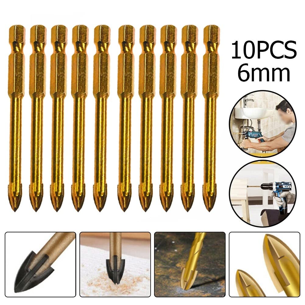 10 sztuk 6mm wiertło do szkła trzpień sześciokątny do porcelany Mable płytka ceramiczna betonowa cegła plastikowa drewniana krzyżowa włócznia (Color : 10Pcs 6nn)