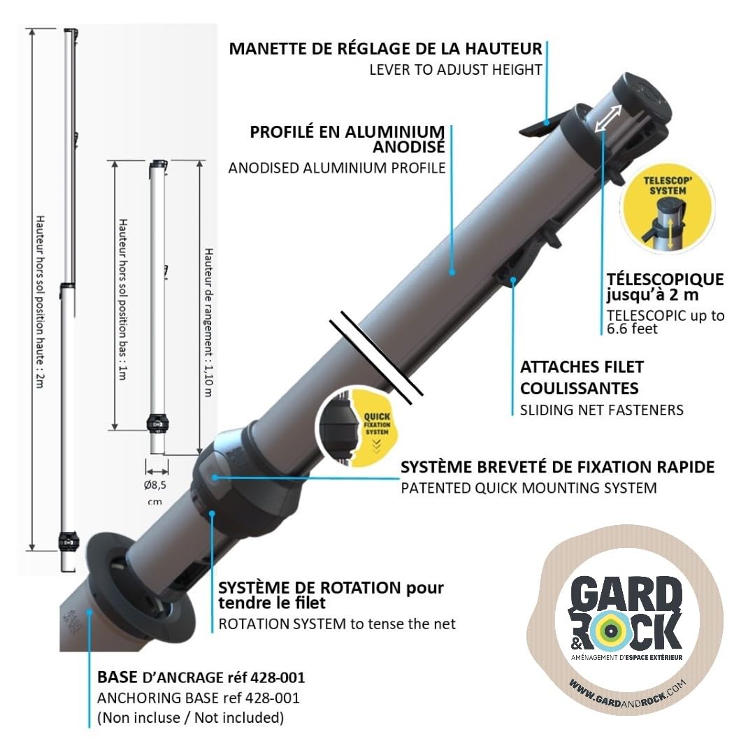 GARD & ROCK - Kit Postes POLIDEPORTIVOS telescópicos en Aluminio - Quick Fixation System - Bádminton, Tenis, Voleibol,... - para enganchar en Las Bases de Anclaje