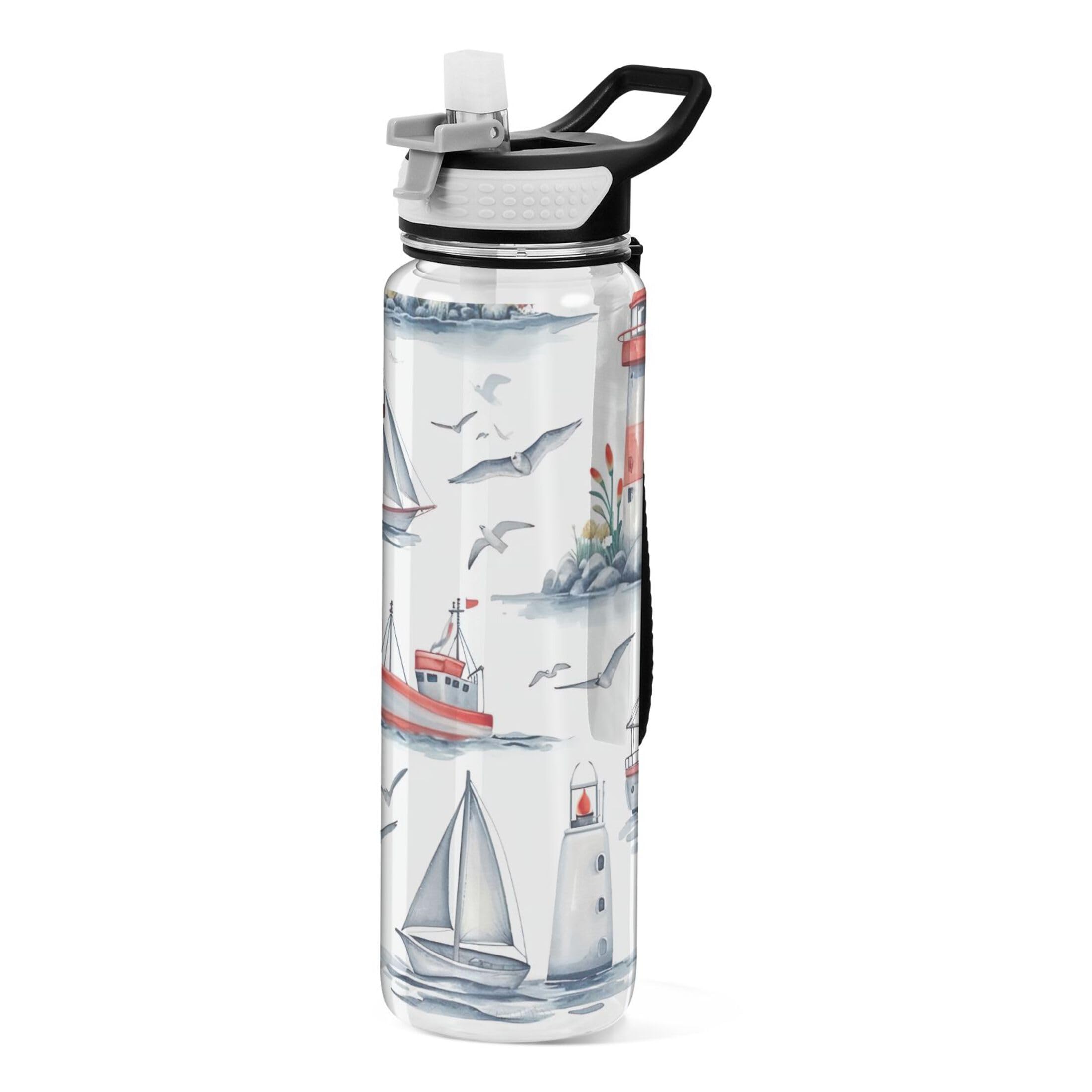 Sevdomey Lighthouse Sailboat Water Bottle With Straw Lid Clear Leakproof Gym Water Bottles For Outdoor Sport Drinking Fitness Workout Travel, 32 Oz