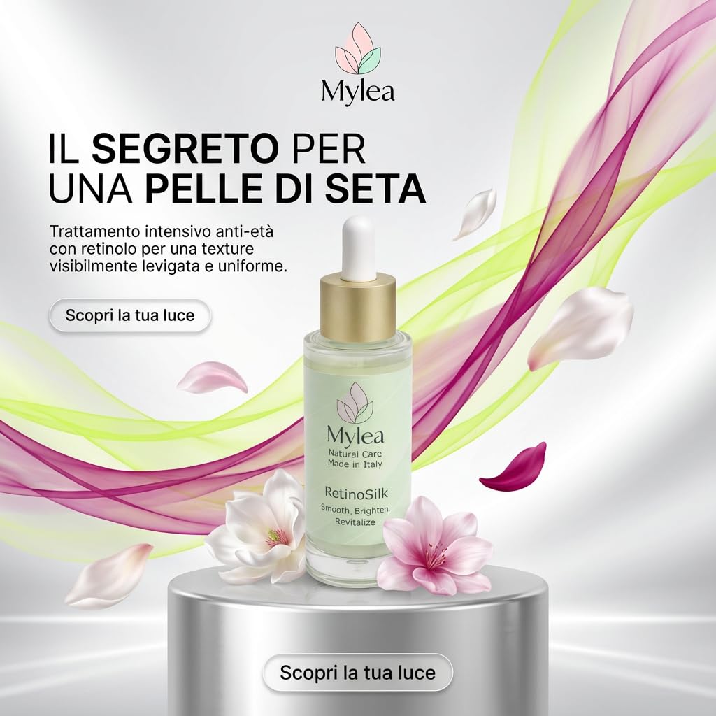 Mylea RetinoSilk | Siero Viso 30ml, no parabeni | Retinolo, Niacinamide, Vitamina C ed E | Texture leggera, assorbimento rapido | Ideale per rughe, pori dilatati, antiage | Made in Italy