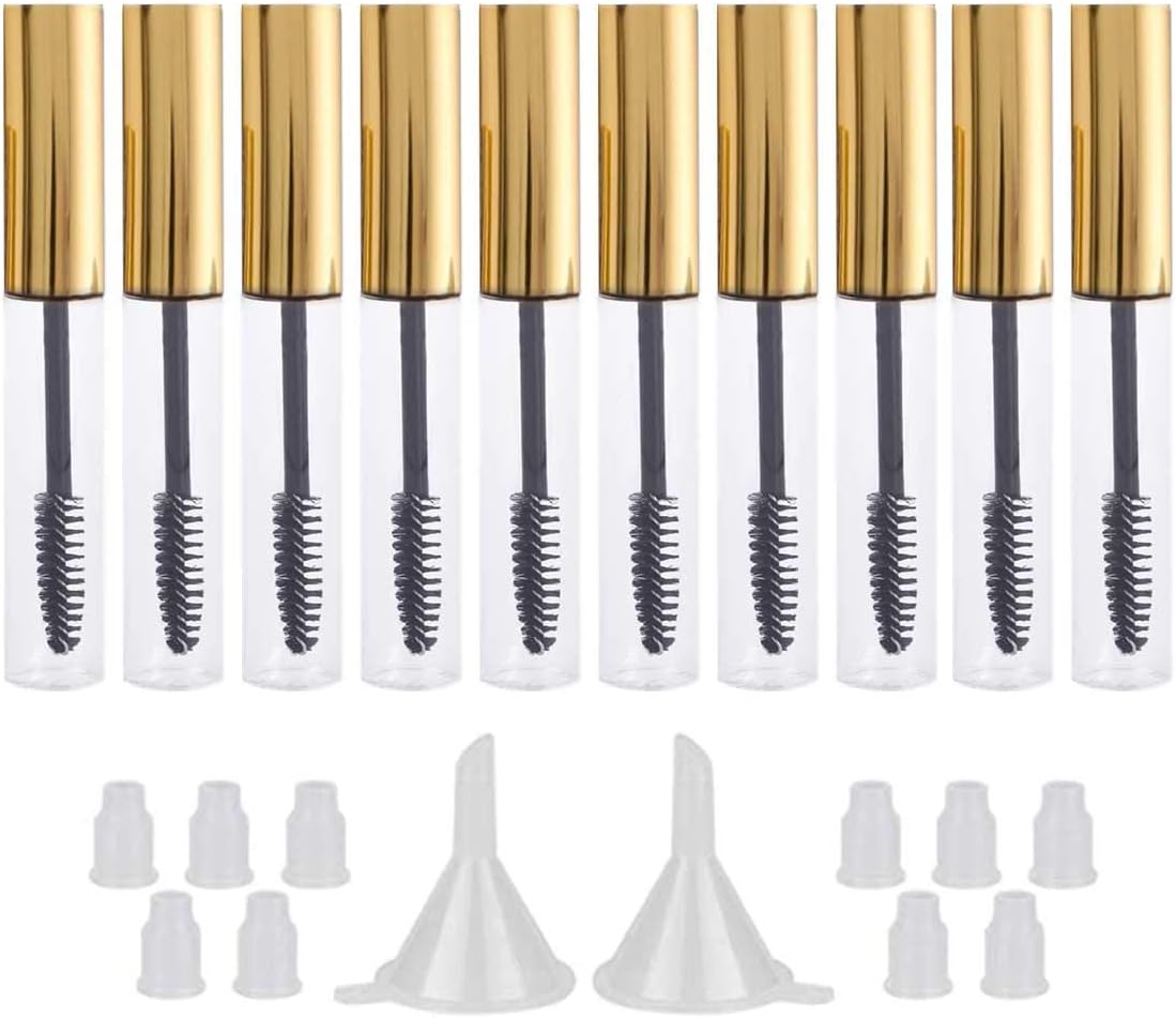 GTHER 10PCS 10ML Empty Mascara Tube Bottle with Eyelash Wand & Rubber Inserts & Funnels Set for Castor Oil/Eyelash Growth Oil, DIY Mascara Eyelash Cream Container with Cap, Gold