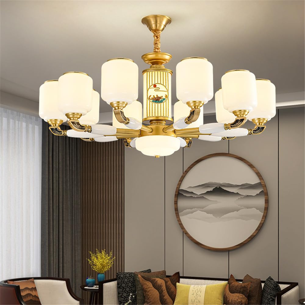 SXECAEPS Contemporary Luxury Brass Chandelier LED Chinese Style Living Room Bedroom Dining Villa Hotel Tearoom Cafe Pendent Lights (D 10 Lights)
