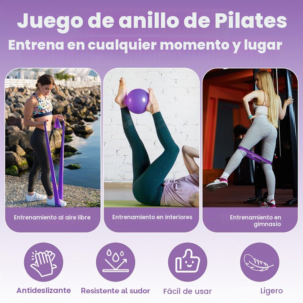 6 Kit Pilates en Casa, Aro Pilates con Asas Acolchadas Dobles, Mini Bola, Bandas de Resistencia, CíRculo de Resistencia, Extractor de Pedales y Extractor Figura 8, Accesorios Pilat para Casa