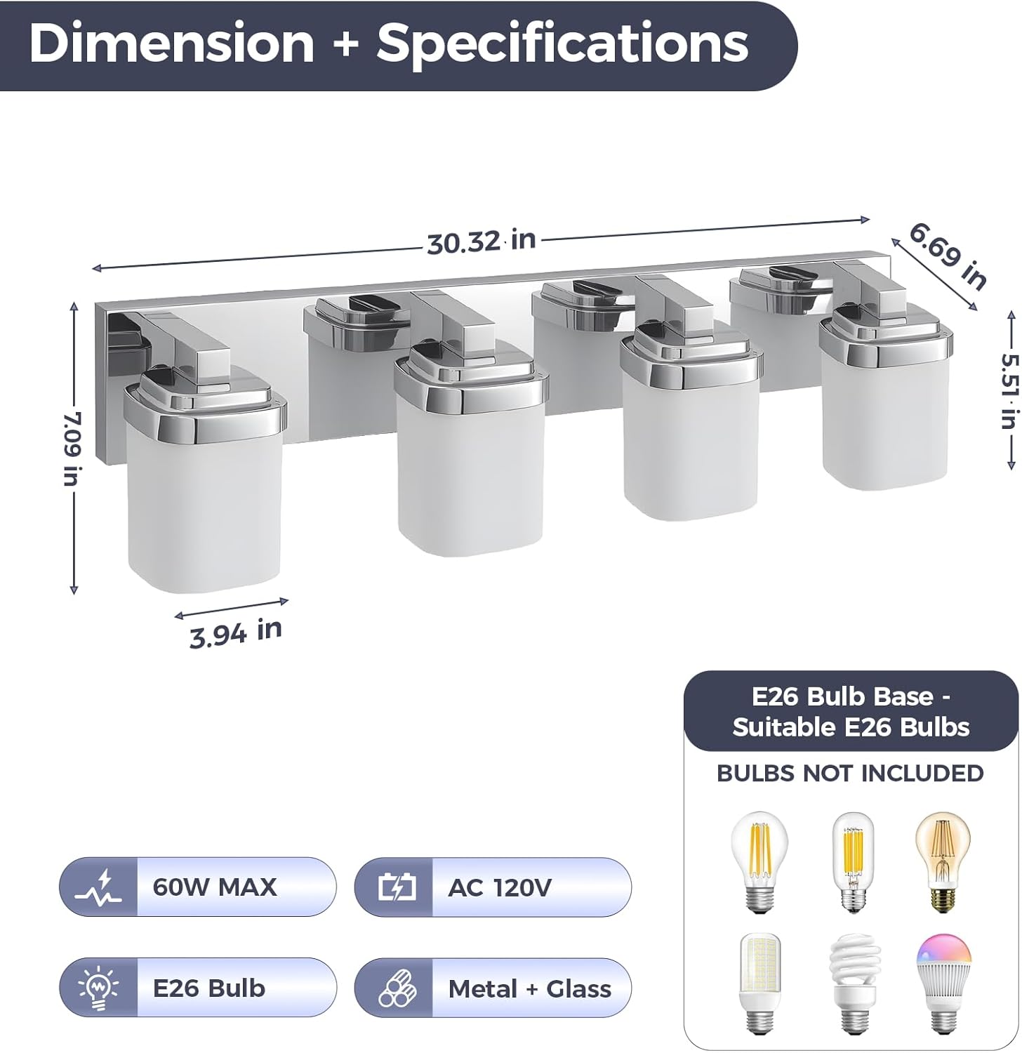 29 Inches Bathroom Vanity Light, 4-Light Chrome Bathroom Light Fixtures Over Mirror, Bathroom Light Shower Lamp with Milky White Square Glass Shade, Modern Farmhouse Lighting Fixtures