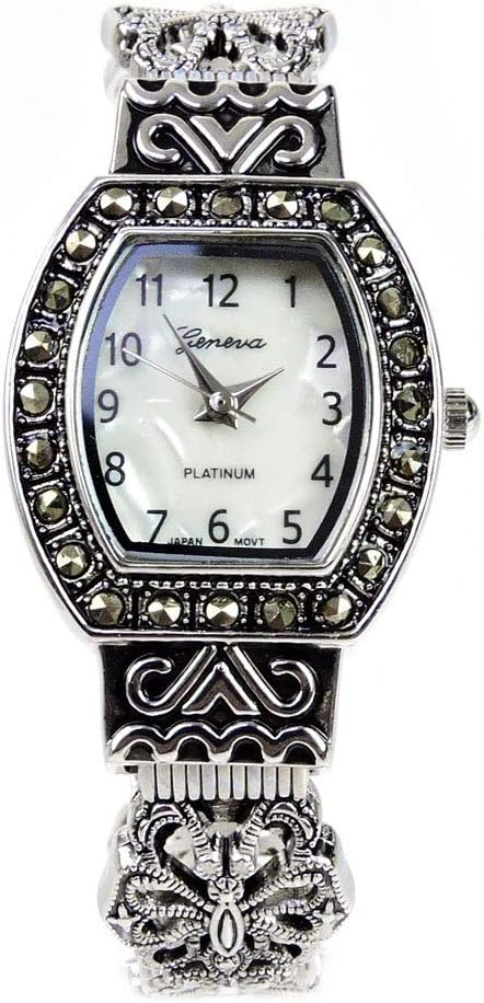 STC Silver Black Vintage Style Marcasite Rectangle Face Bangle Cuff Watch for Women - Image 5