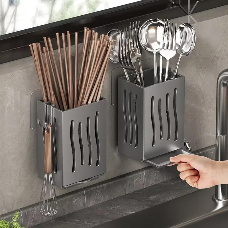 2 Multifunctional Cutlery HolderUtensil Storage Stand with Draining Tray Wall-Mounted Freestanding Spoons and Forks Rack Organizer Thickened ABS Material for Kitchen (Grey)