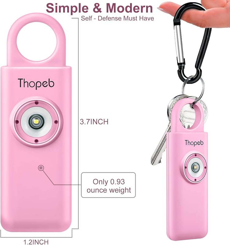 Thopeb Önvédelmi Kulcstartó Nőknek - 130 dB Hangos Riasztó, LED Villogó Fény, Vészjelző, Segélyhívó, Rózsaszín