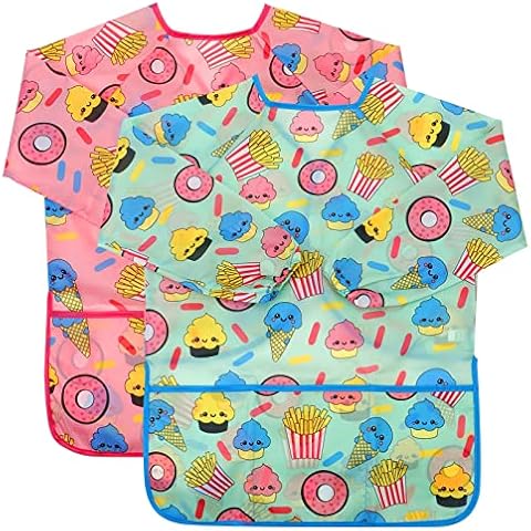CUBACO 2pcs Artist Smocks Kids Apron for Painting, Children Smocks with Dessert Pattern, Art Smocks for Kids 3-5 Years Paint Smock Waterproof Smocks with 3 Pockets Kids' Artist Aprons Painting Smocks Cover