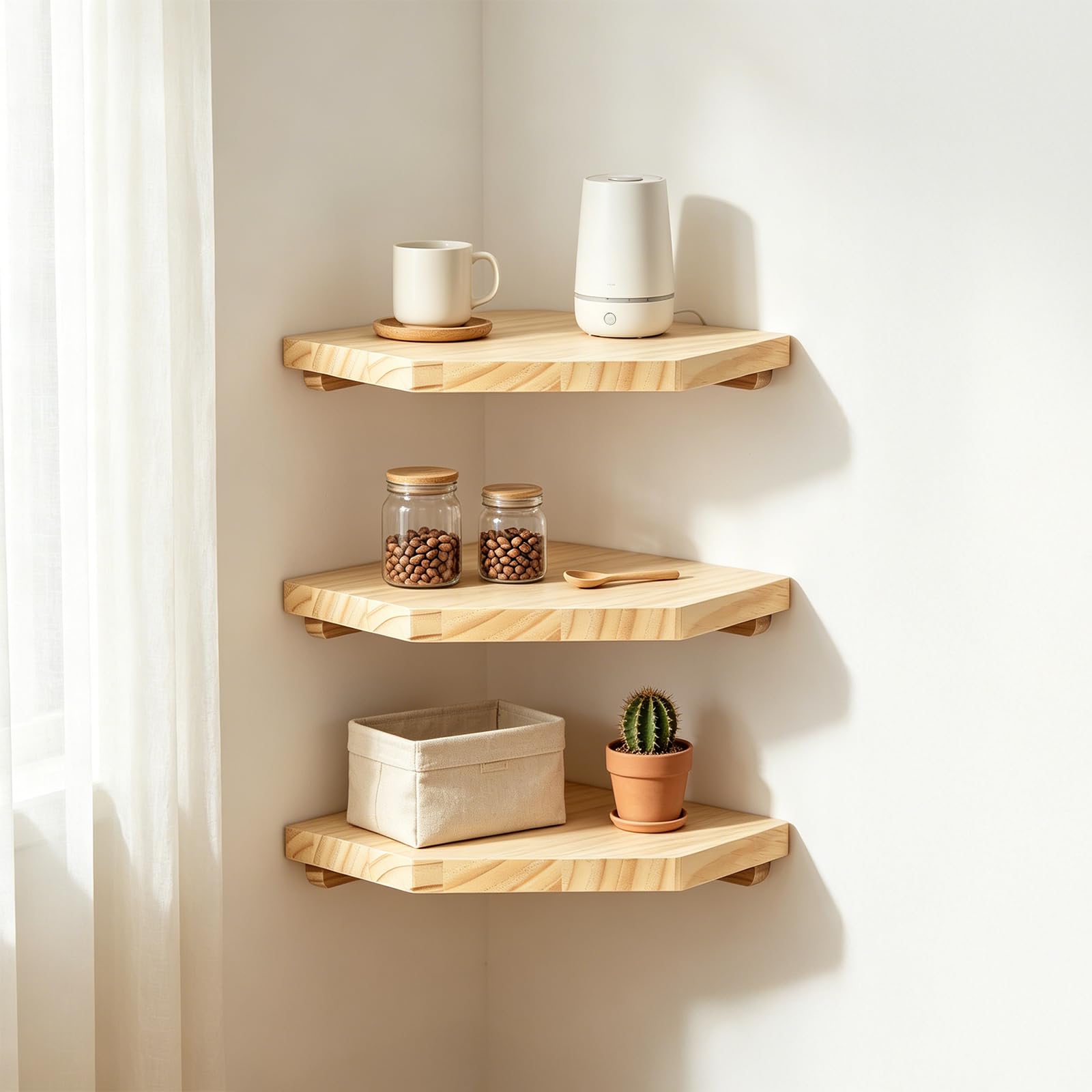 lalago 3 Pièces Étagère d'angle Suspendue 28,5cm, Étagère d'angle en Massif Couleur Bois Naturel, Extrémités Rondes Murale Bois pour Salle de Bain, Cuisine, Chambre à Coucher, Salon
