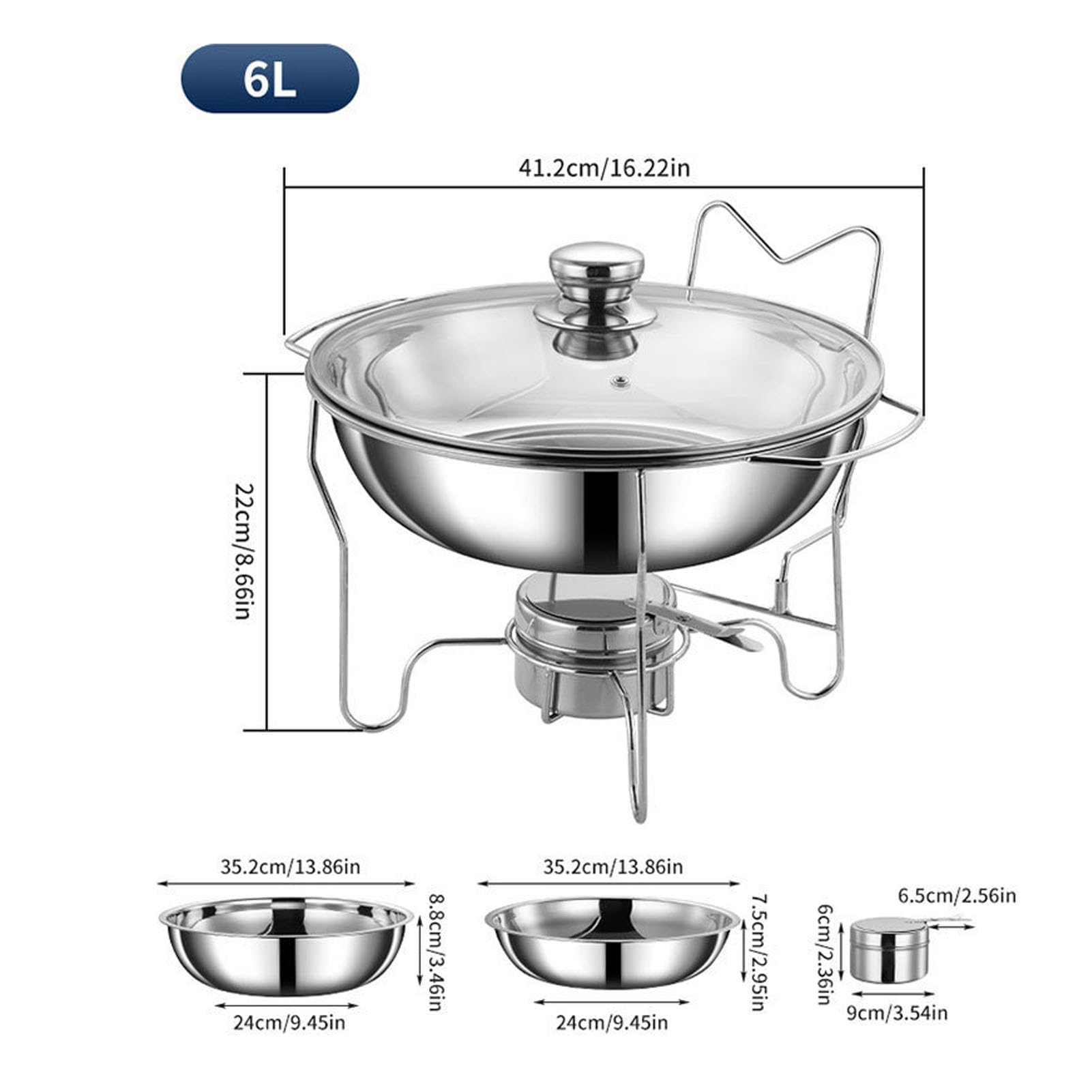 Platos de Frotamiento Redondos para Buffet, Juego de Calentador de Alimentos de Acero Inoxidable con Tapa de Vidrio y Bandejas de Goteo, Juego de Buffet para Catering, Fiestas, Bodas y (6L)