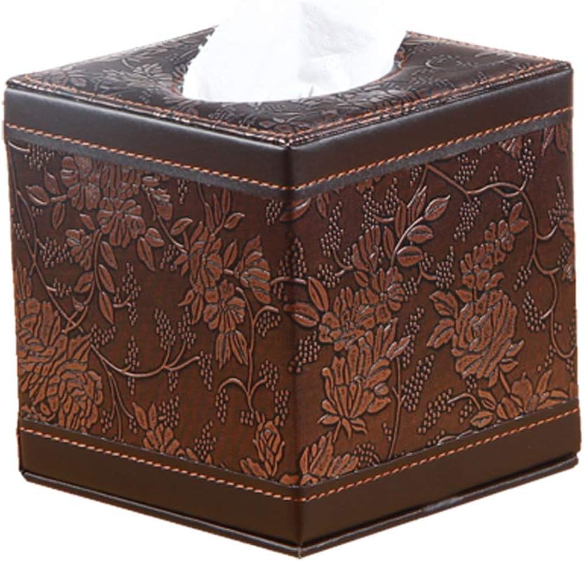 PU Leather Square Cube Tissue Box Cover Roll Paper Holder for Home Office Car (Classic Carve)