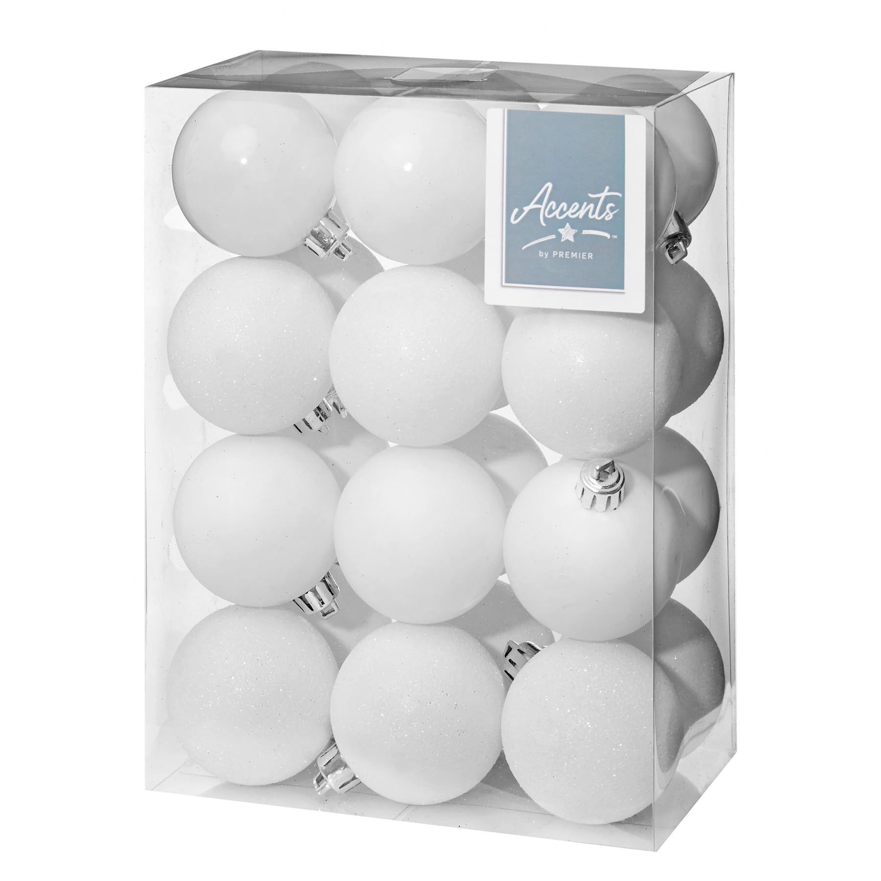 Shatterproof Christmas Baubles 24 Pack 60mm Premier Christmas Tree Decoration, matt, shinny and glitter baubles (White 5481)