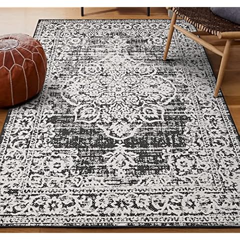 Sherloom Modern Vintage Indoor Outdoor Area Rug Weather Resistant Outdoor Carpet for Porch Deck Balcony Backyard Patio Rug 5x8 Black Cover